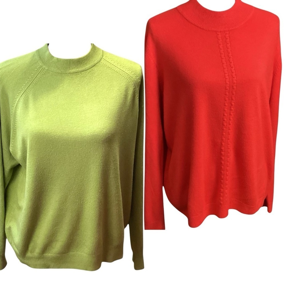 Mock Neck SOFT Acrylic Red & Green Long Sleeve‎ Sweaters, Size XL & PXL Vintage